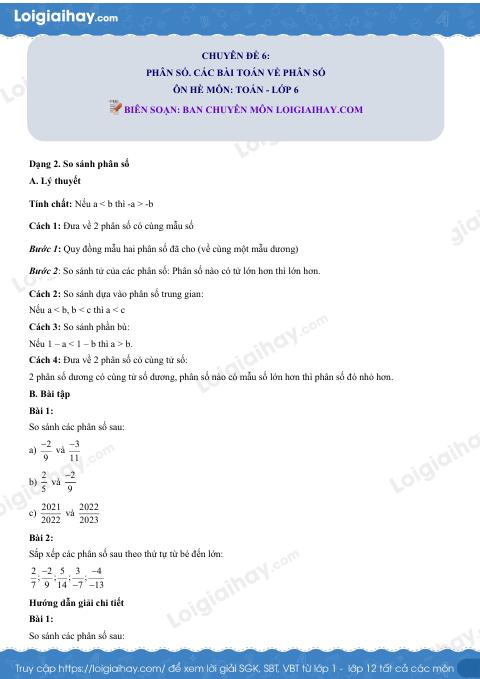 Dạng 2. So sánh phân số Chủ đề 6 Ôn hè Toán 6